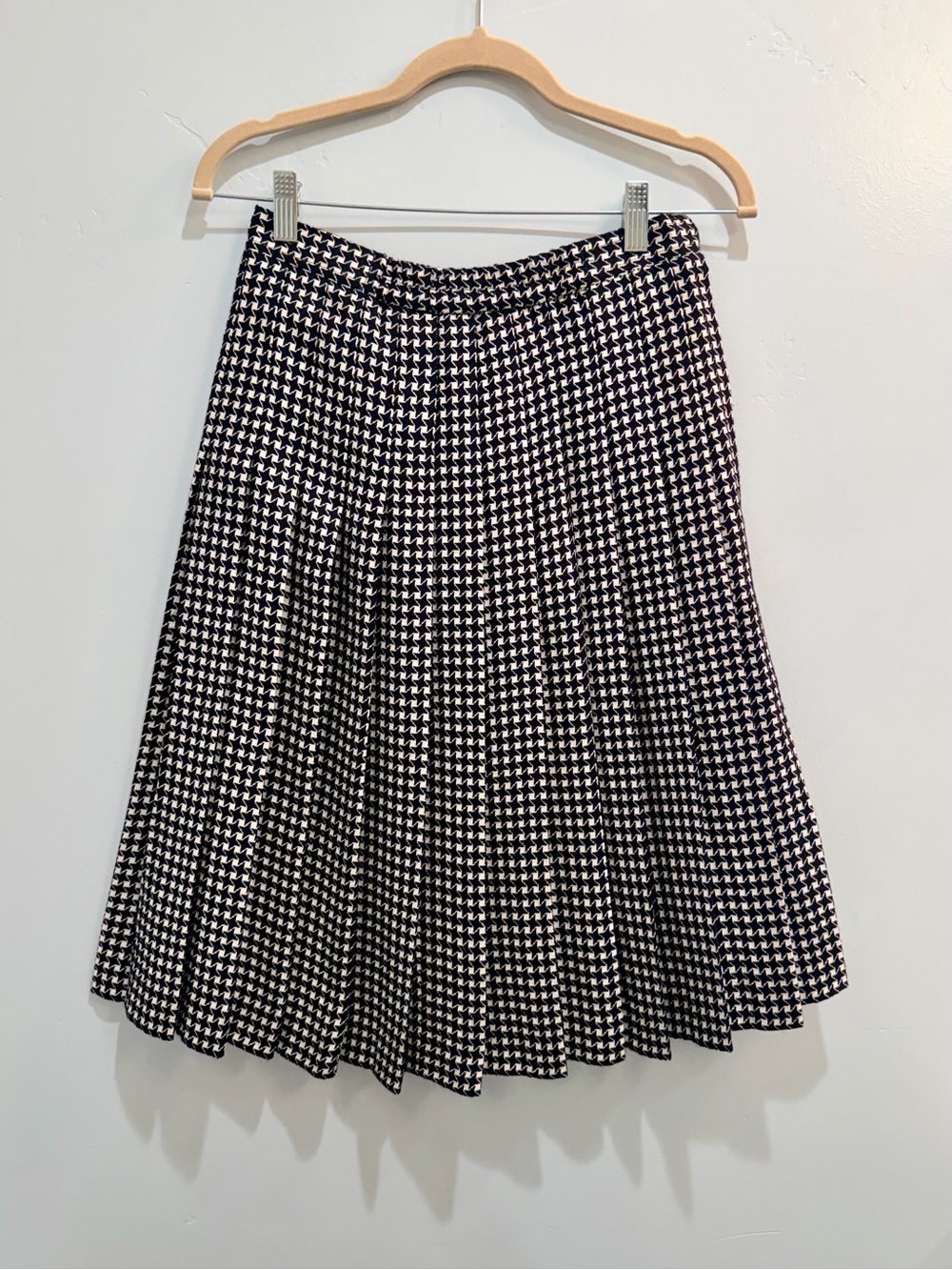 Vintage 70s Houndstooth Pleated Wool Midi Skirt Black White Handmade Lined Sz S - Picture 2 of 13